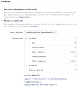 Emplacements publicitaires sur Facebook Ads