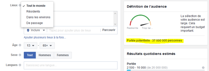 Facebook ciblage géographique et démographique
