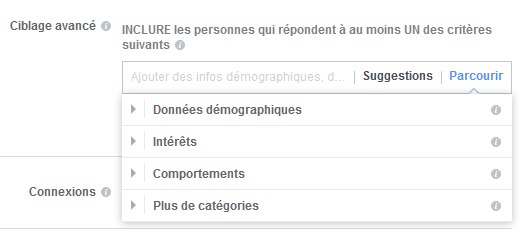 Facebook ciblage par centres d'intérêt et comportement